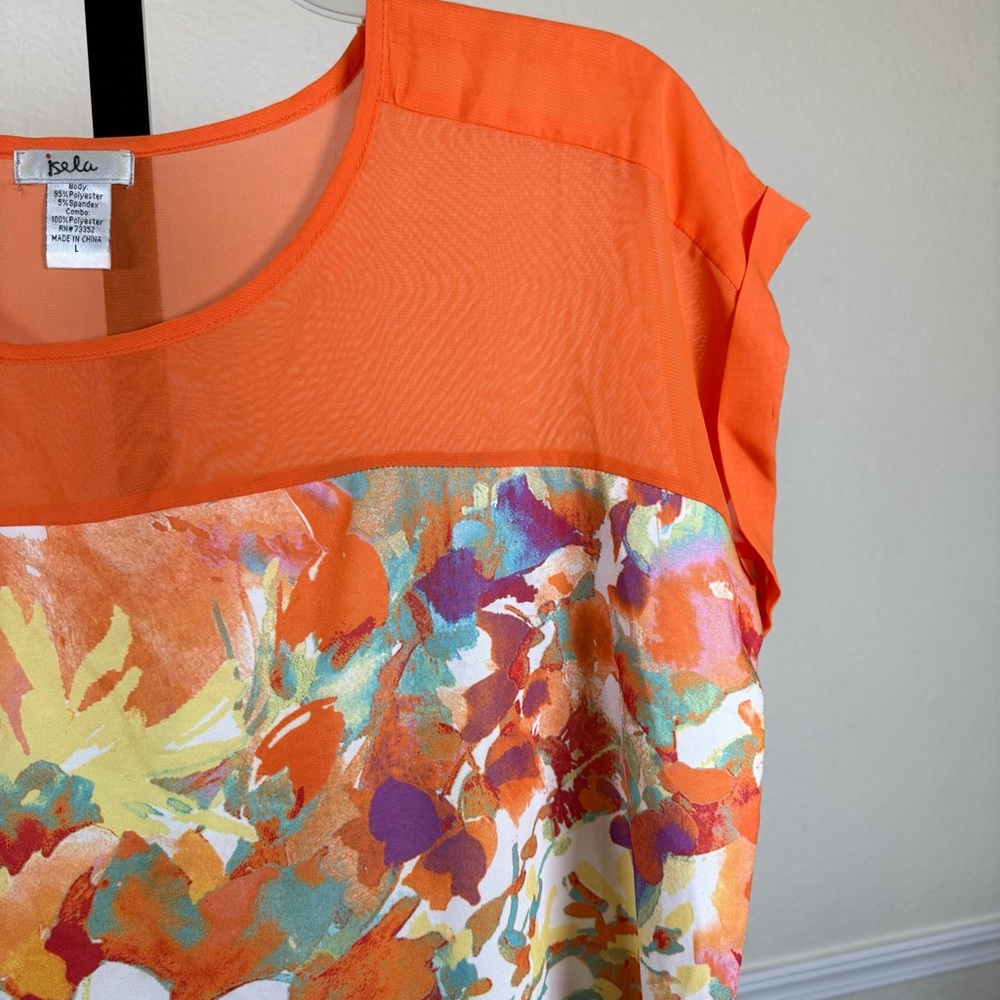 Tropical Floral Orange Colorblock Lightweight Beach Vacation Summer Resort Top - Picture 6 of 9